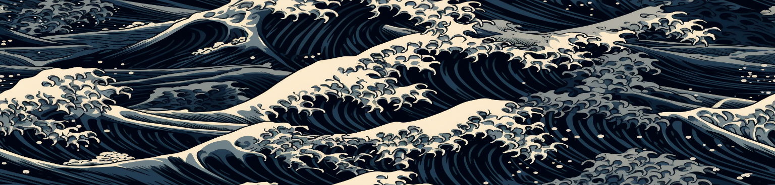 Detailed high contrast Japanese art painting of a huge wave