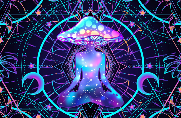 Psychedelic seamless pattern with magic mushrooms over sacred geometry