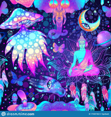 psychedelic seamless pattern trippy mushrooms peace sign acid buddha butterflies all seeing eye mandala background stoned